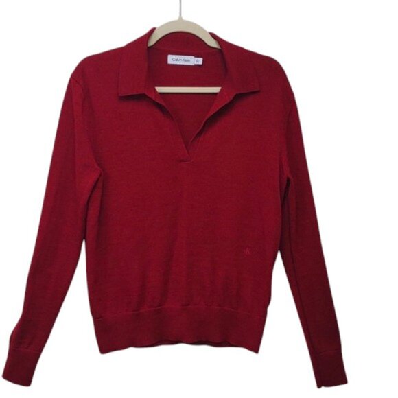 Calvin Klein Women's Scarlet Red Merino Wool Blend LS Open Neckline Polo Sweater - Picture 2 of 13